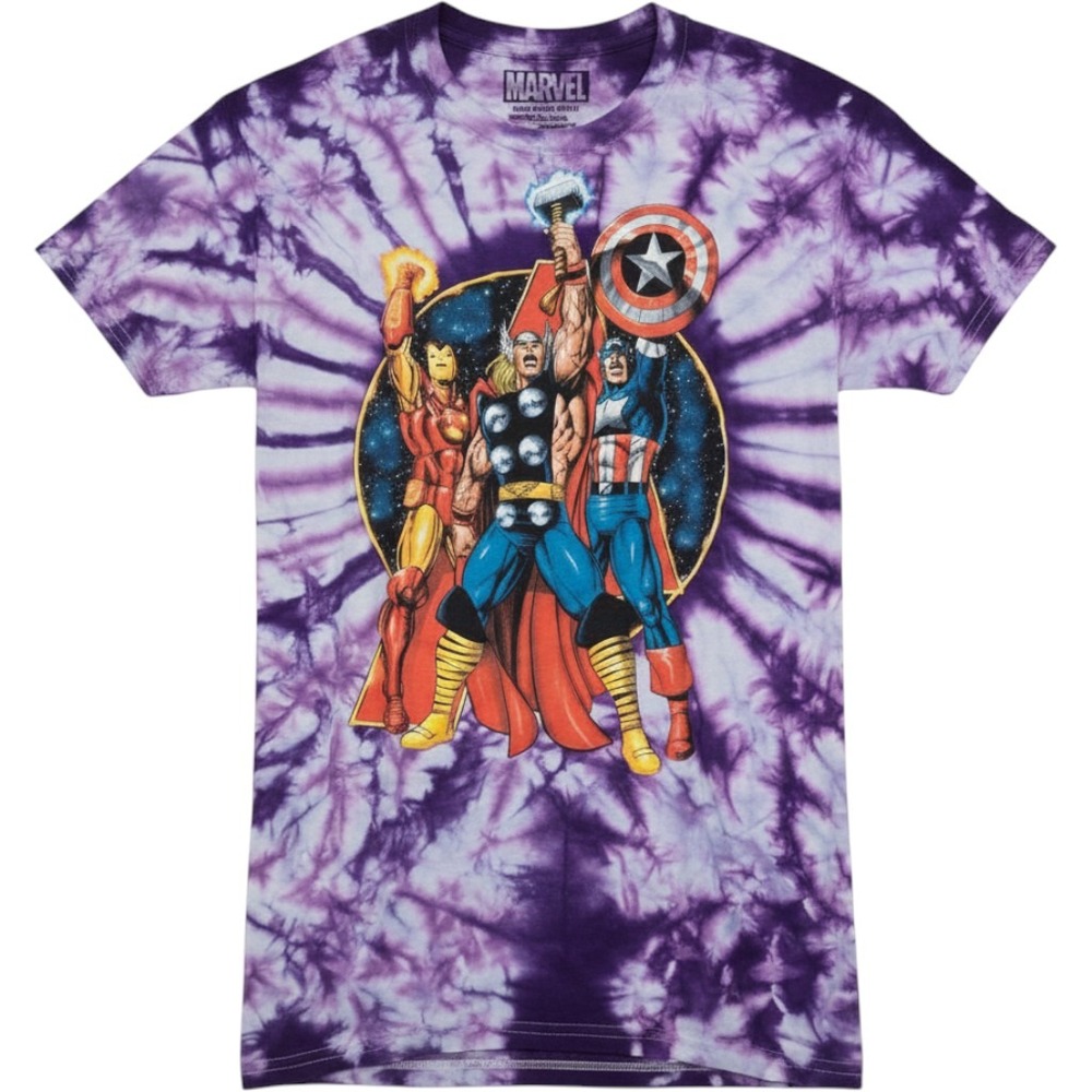 Marvel Avengers Tie Dye Graphic T-Shirt Purple Iron Man Thor Captain America S